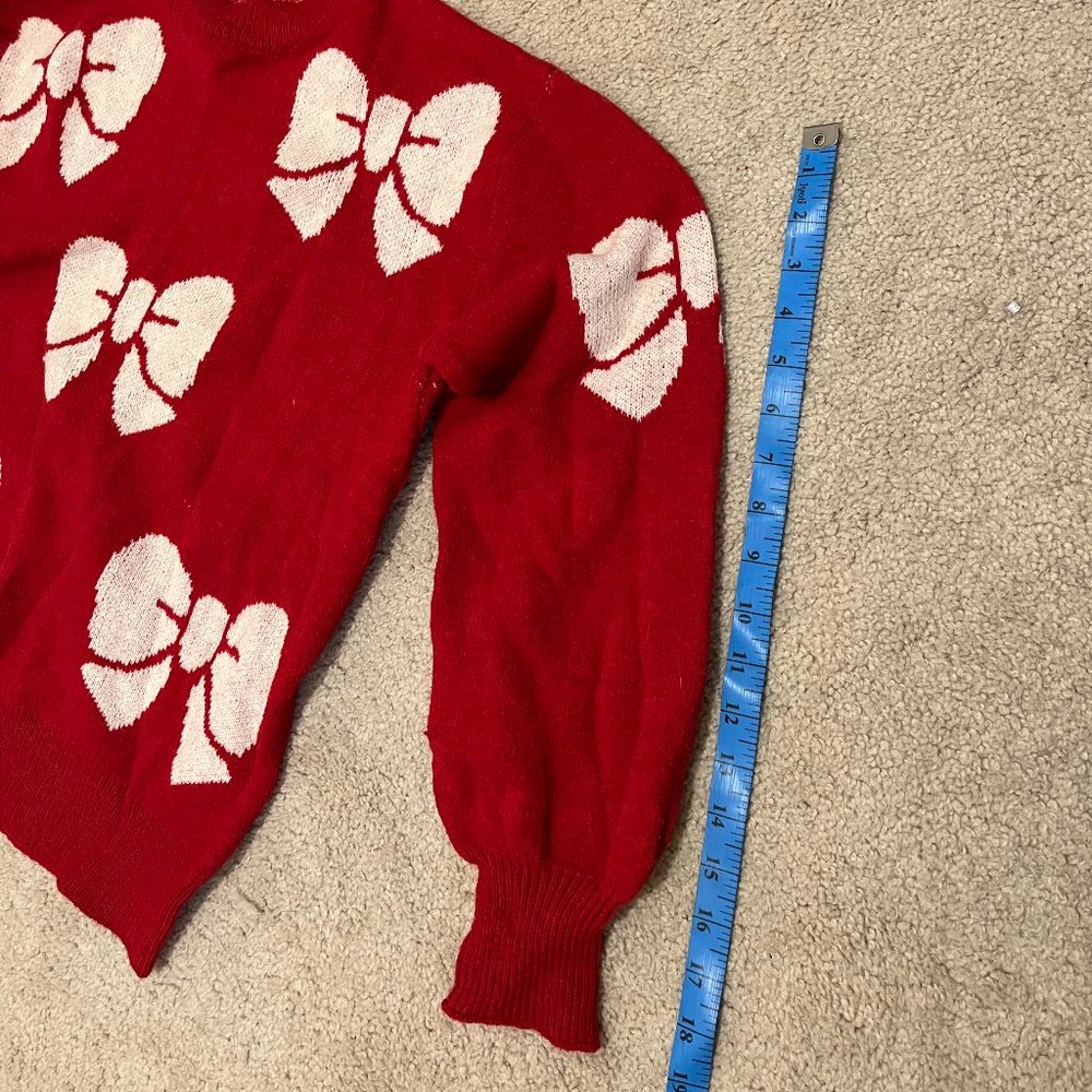 SHEIN | Warm Vibrant Red *Holiday Sweater* w/ White Bows | Slight Balloon Sleeve - Picture 7 of 11